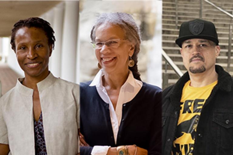 Photo of speakers (left to right, Joy James, Ruth Gilmore, David Maldono)