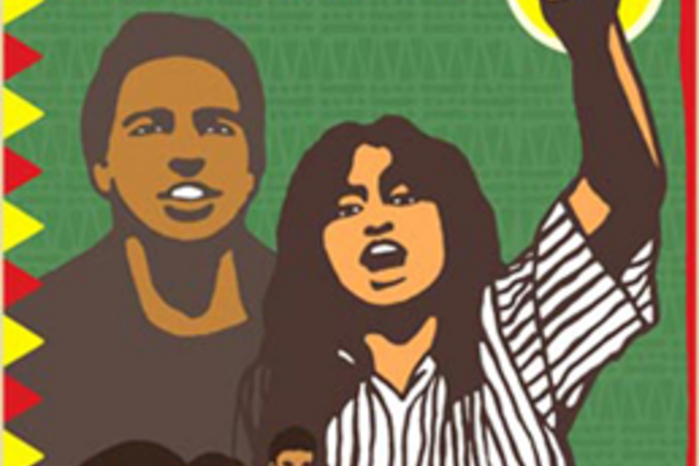 Anniversary Poster by Melanie Cervantes featuring Latino student protesters with fist raised and computers at computers