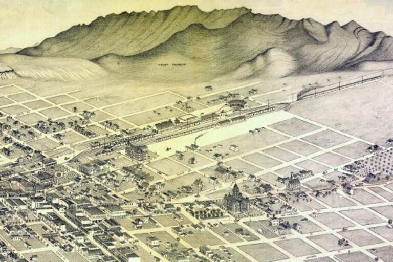 Old map of El Paso, Texas featuring a sprawling neighborhood in a valley