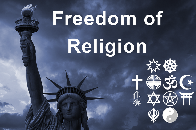 image of statute of liberty and symbols of major religions