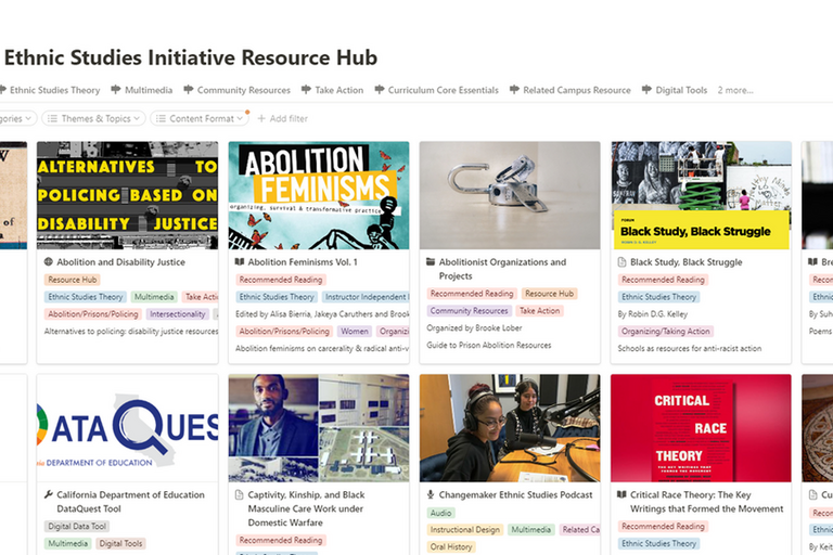 A screenshot of the high school ethnic studies resource hub