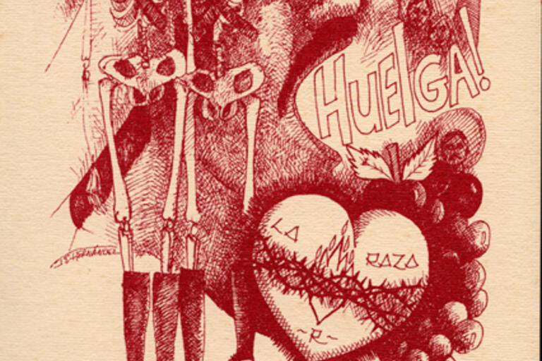 Cover of the journal Aztlán with red skeletons on a tan background, the word "Huelga" and a heart that says "La Raza"