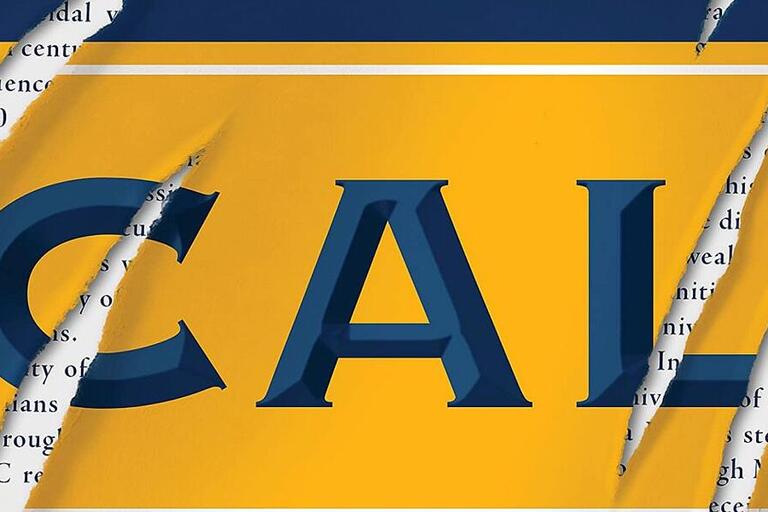 Large blue text on a yellow background reading "CAL" with slash marks through it