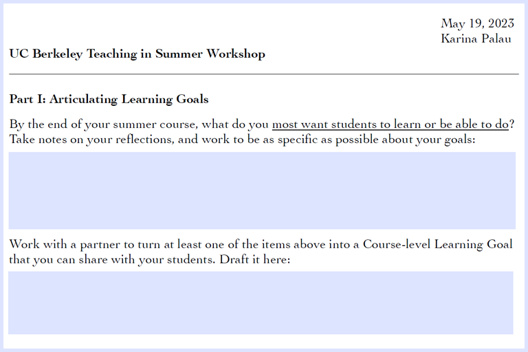 Screenshot preview of Teaching in Summer 2023 workshop handout
