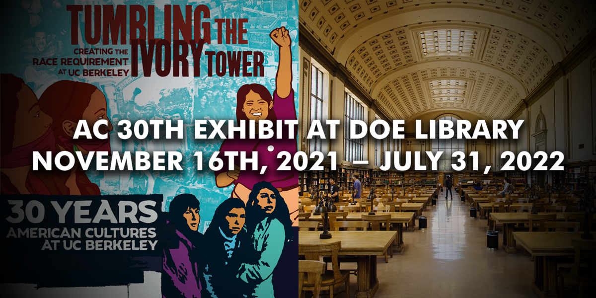Promotional Image of AC 30th Anniversary next to photo of Doe Library Reading Room