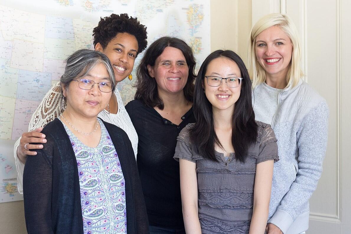 Corliss Lee, Helaine Blumenthal, and students gather at the WikiEd foundation
