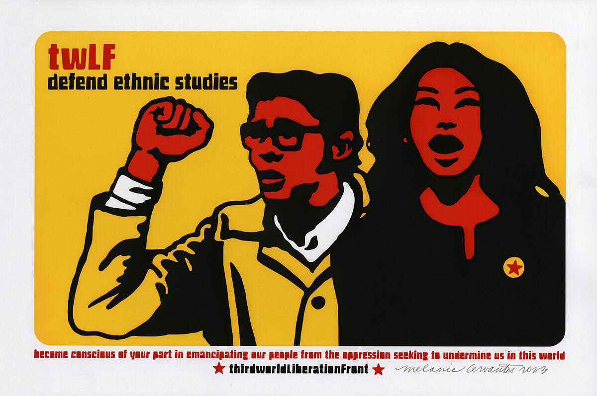 Red and yellow graphic reading "twLF defend ethnic studies" alongside a man with a raised fist and a woman speaking